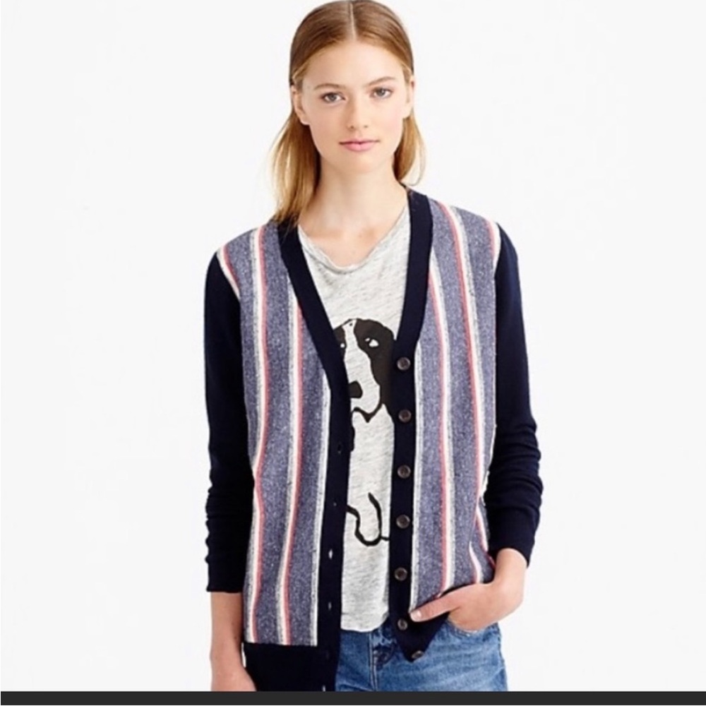 J Crew Striped Navy Cardigan Sweater cotton and cashmere in medium